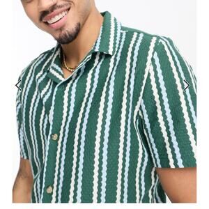 ASOS DESIGN Green Knitted Stripe Revere Shirt Medium